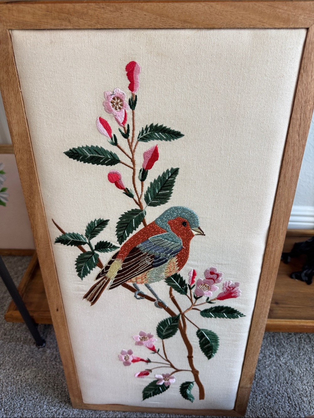 Embroidered Colorful Bird in Cherry Blossom Wall Art
